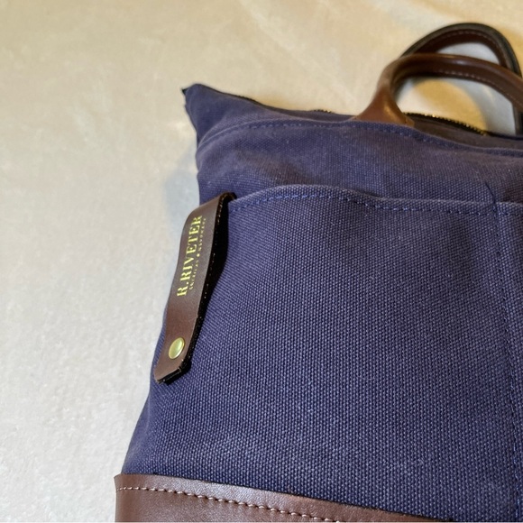 R. Riveter Navy Blue Carry All Canvas Leather Tote Bag Purse - Picture 4 of 9